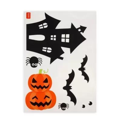 Adesivos de Halloween com casa assombrada preta, abóboras, morcegos e aranhas.