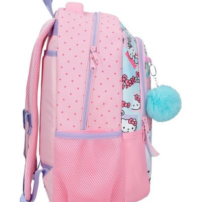 Mochila rosa com estampa Hello Kitty e pompom azul