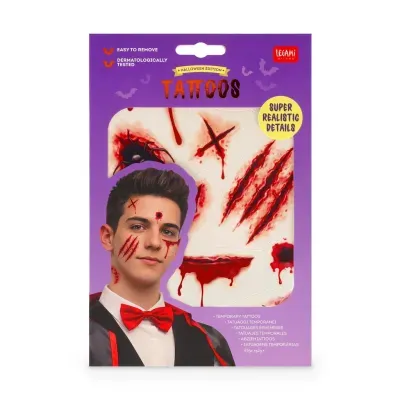 Pacote de tatuagens temporárias de Halloween com cortes sangrentos realistas e jovem vestido formal com tatuagens
