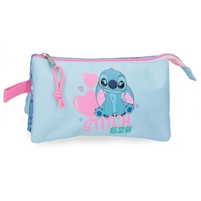 Estojo escolar azul claro com personagem Stitch e corações cor-de-rosa
