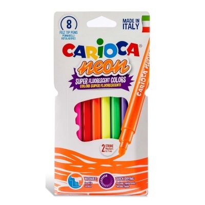 Pack de 8 canetas de feltro neon em embalagem branca com detalhes em laranja