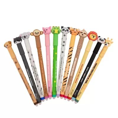 Conjunto de doze canetas coloridas com tampas de animais e frases em inglês