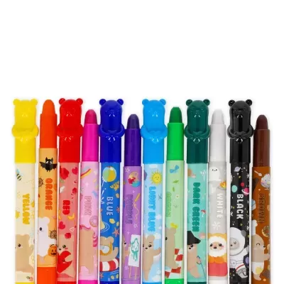 Lápis de cera coloridos com tampas em forma de urso e estampas divertidas