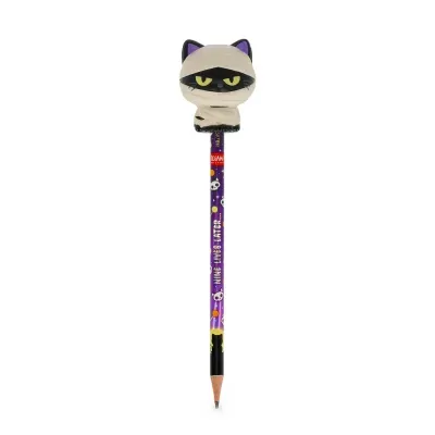 Lápis roxo com decoração de caveiras e borracha de gato múmia