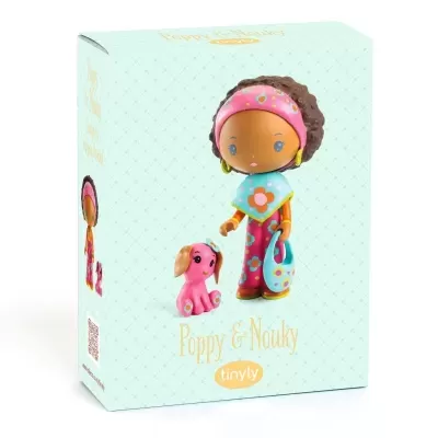 Caixa de brinquedo com figura de boneca e cãozinho, cores pastel e texto Poppy & Nouky