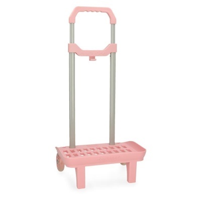 Carrinho de mão pequeno e portátil rosa com estrutura metálica prateada e pega rosa
