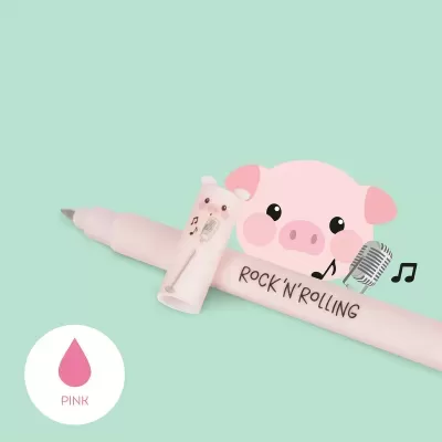 Caneta rosa com tampa em forma de porco e texto Rock N' Rolling