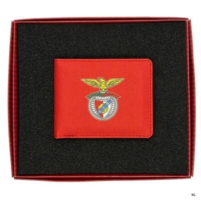 Carteira vermelha com emblema do SL Benfica numa caixa vermelha com interior preto