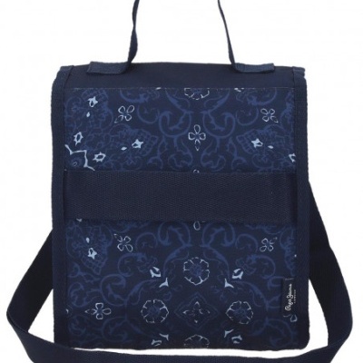 Mala feminina azul escuro com padrão floral abstrato e alças.