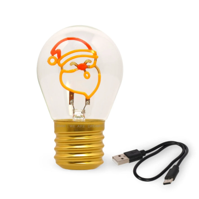 Lâmpada decorativa com filamento em forma de Pai Natal e cabo USB preto
