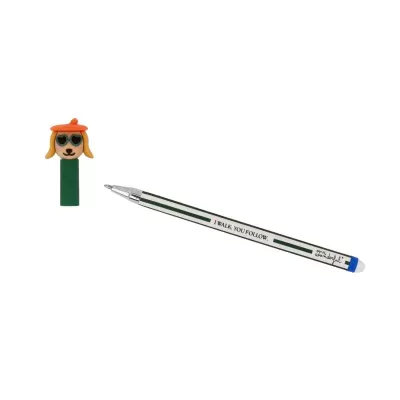 Caneta com tampa decorada com cabeça de cão e padrão listrado verde e branco