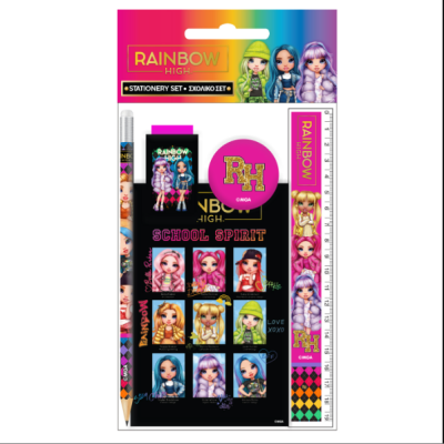 Conjunto de material escolar Rainbow High com personagens e cores variadas