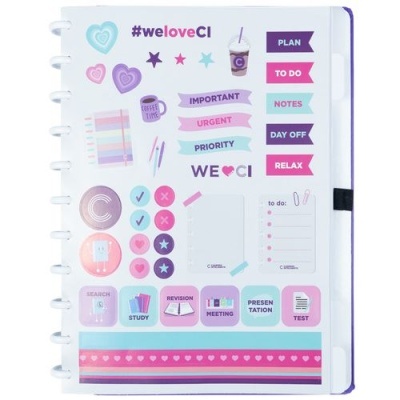 Organizador com autocolantes coloridos e texto temático para planeamento