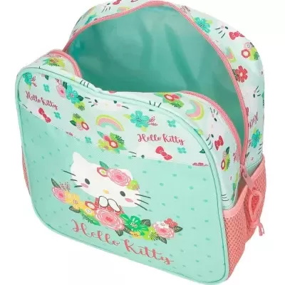 Mochila infantil Hello Kitty com bolso frontal e padrão floral colorido