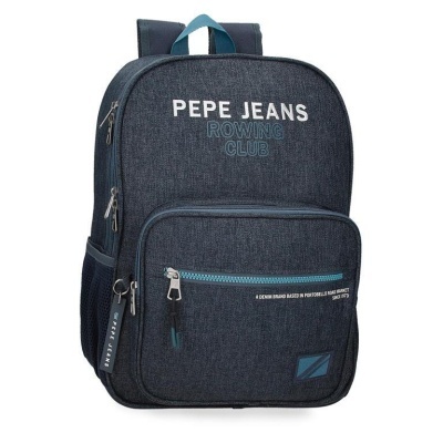 Mochila azul escura com estampado PEPE JEANS ROWING CLUB e bolso frontal.