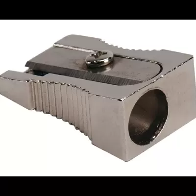 Apontador metálico prateado para lápis com lâmina e parafuso