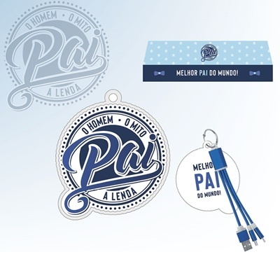 Porta-chaves e cabo carregador com tema Pai em fundo claro