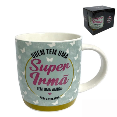 Caneca de cerâmica com texto e design de borboletas
