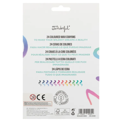 Embalagem branca de lápis de cera coloridos mr wonderful com texto multilingue e símbolos de segurança