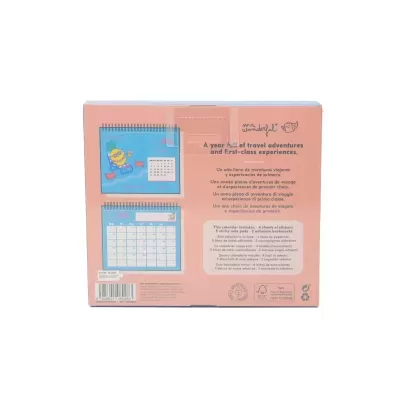 Caixa de calendário de mesa rosa e azul com ilustrações e texto multilíngue