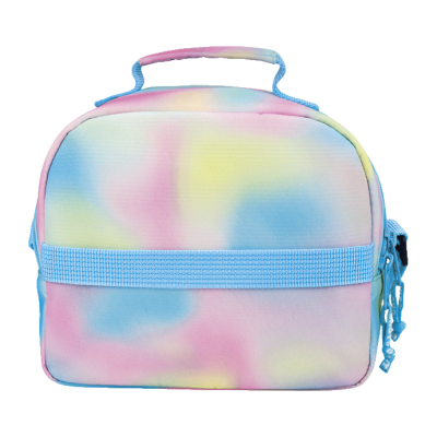 Mala pequena tie-dye em azul, rosa e amarelo com alça e zíper azul