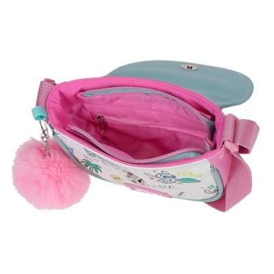 Mala infantil azul e rosa com pompom cor-de-rosa e desenhos animados