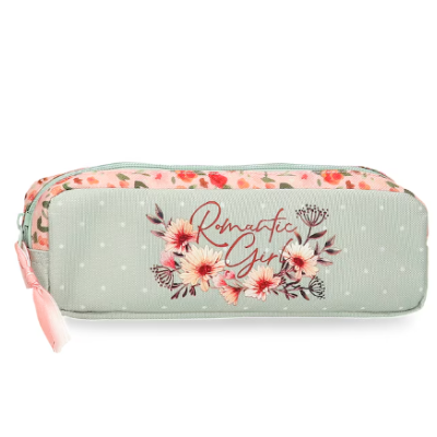 Estojo escolar cinza claro com flores cor-de-rosa e texto 