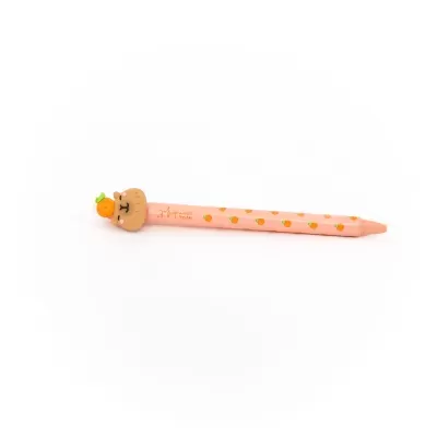 Caneta cor-de-rosa com urso e padrão de laranjas
