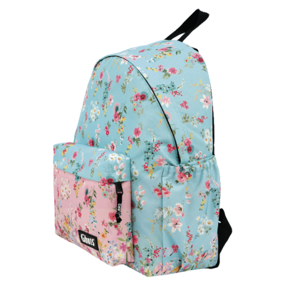 Mochila azul claro com padrão floral e bolso rosa com padrão floral e etiqueta 'Chauts'