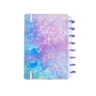 Caderno com capa mosaico azul e rosa com fecho rosa e argolas roxas