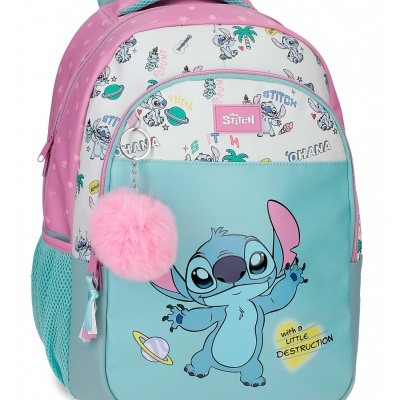 Mochila infantil azul e rosa com estampado Stitch e chaveiro rosa felpudo