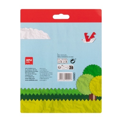 Embalaem colorida de papel com desenhos de natureza e informações de reciclagem.