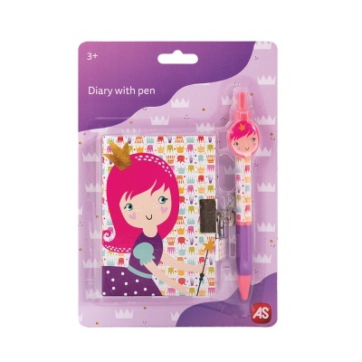 Diário com caneta em embalagem lilás, desenho de menina de cabelos rosa com coroa.