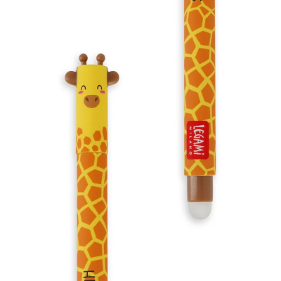 Caneta com design de girafa em amarelo e laranja com cabeça de girafa na tampa