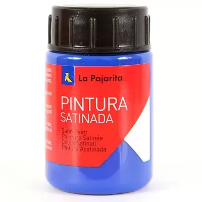 Frasco azul de tinta satinada La Pajarita com rótulo vermelho e tampa preta
