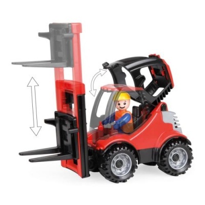 Brinquedo empilhador vermelho e preto com boneco usando capacete amarelo