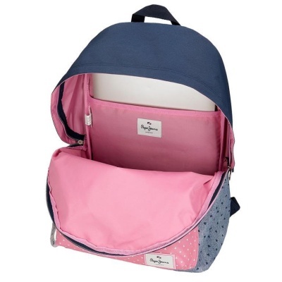 Mochila Pepe Jeans azul e cinza com interior rosa e padrão de corações