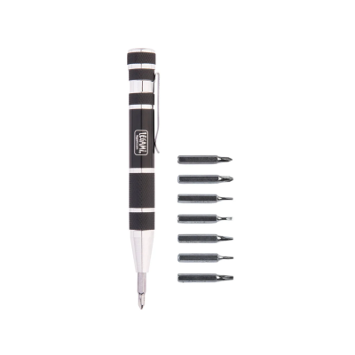 Conjunto de ferramentas de precisão com cabo preto e branco e pontas intercambiáveis