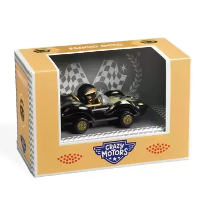 Miniatura de carro de corrida preto e dourado na caixa amarela Crazy Motors