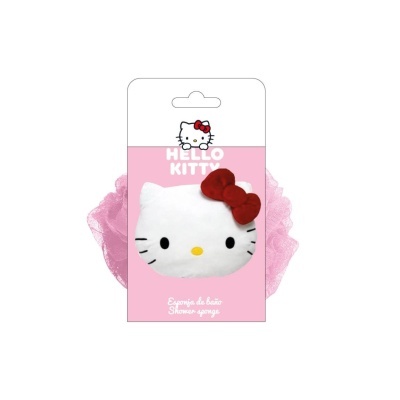 Esponja de banho rosa da Hello Kitty com aplique da cabeça e laço vermelho na embalagem