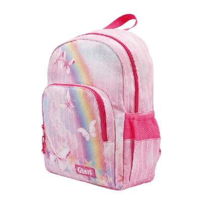 Mochila rosa com borboletas, arco-íris e bolso frontal