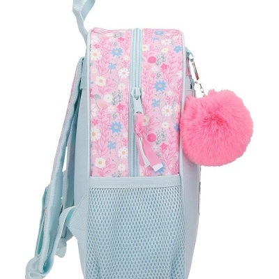 Mochila infantil pequena com padrão floral e pompom rosa