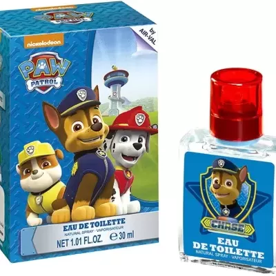 Frasco e embalagem de Eau de Toilette da Patrulha Pata com personagens e texto visível