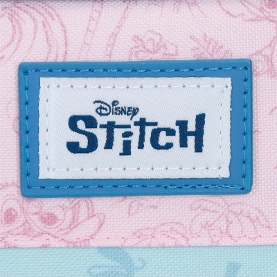 Etiqueta Disney Stitch em tecido rosa com padrão floral