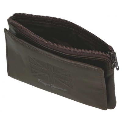 Carteira de pele castanha escura com fecho zipper e logo Pepe Jeans