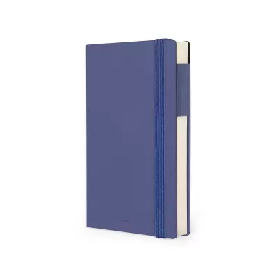 Caderno de capa dura azul com elástico e porta-canetas