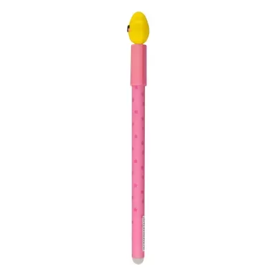 Caneta rosa com tampa rosa e figura amarela na ponta sobre fundo branco