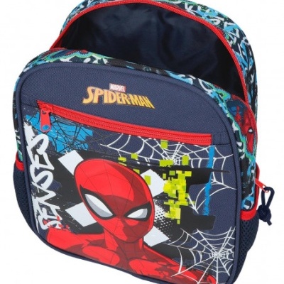 Mochila infantil azul escuro com estampa do Homem-Aranha e fecho de correr vermelho