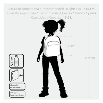 Silhueta de criança com mochila e dimensões indicadas para uso escolar