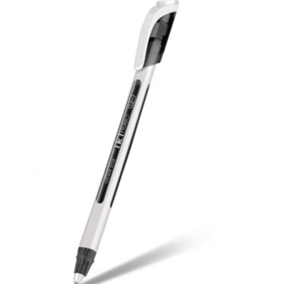 Caneta branca e preta com grampo e texto impresso